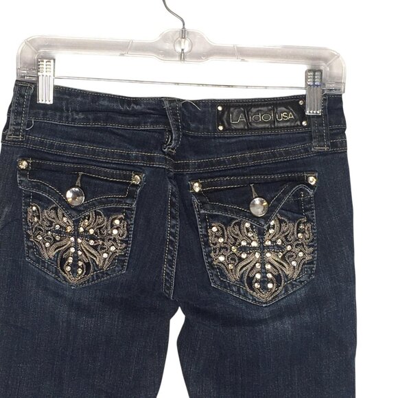 LA Idol Jeans Womens Size 5 Embellished Rhinestone Flap Pockets W29 L34 - Picture 2 of 16